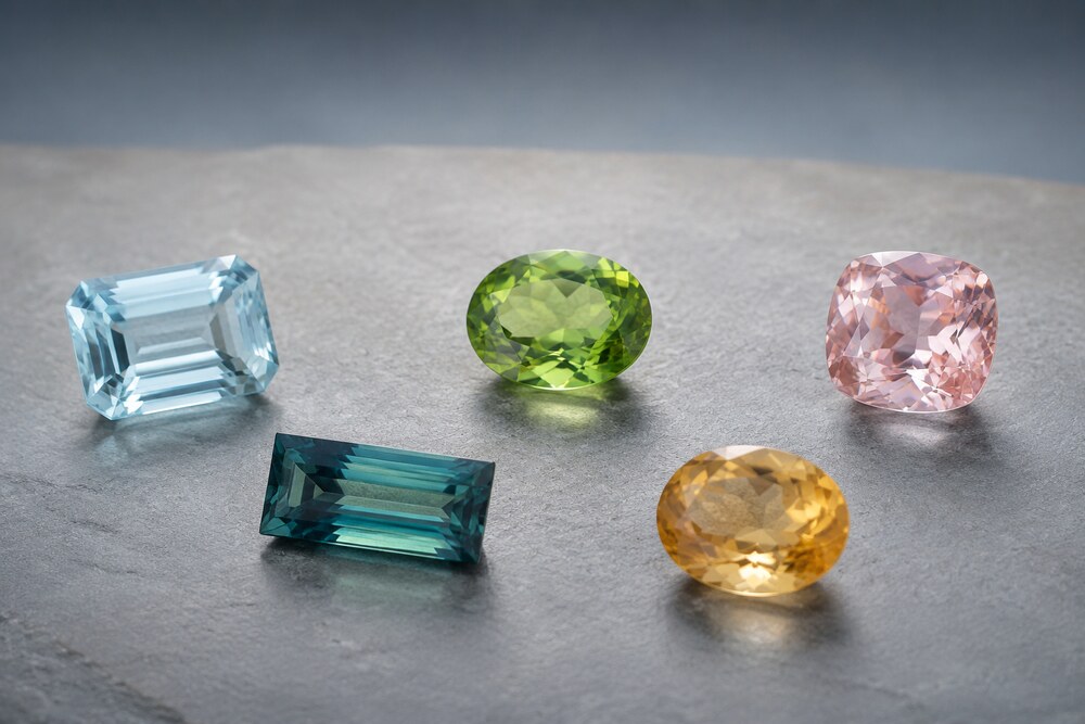 Aquamarin, Peridot, Morganit, Turmalin und Citrin als symbolische Darstellung