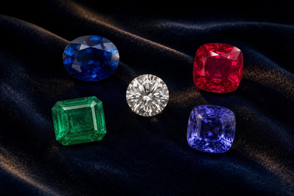 Diamant, Saphir, Rubin, Smaragd und Tansanit als symbolische Darstellung