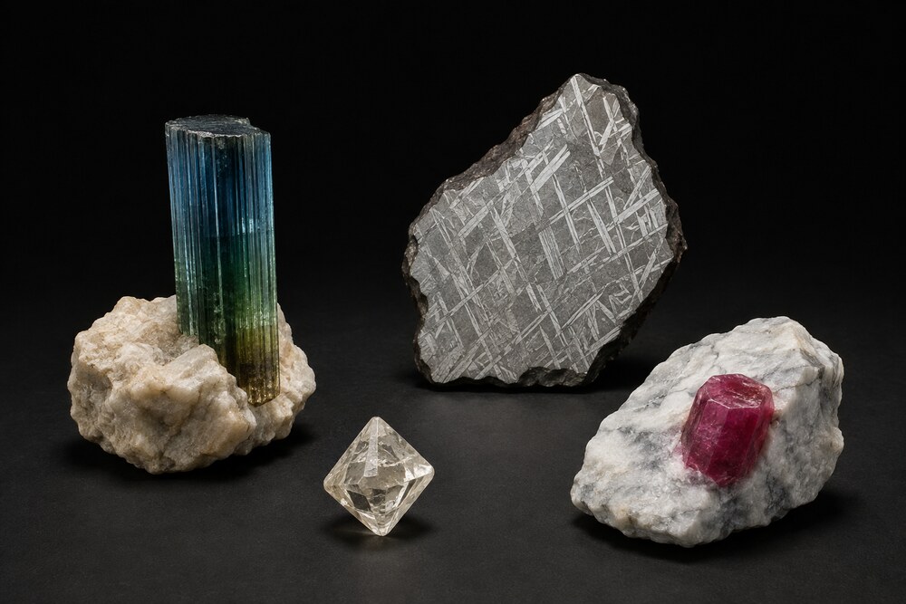 Turmalin-Kristall, Rohdiamant, Meteorit und Rubin in Matrix als symbolische Darstellung