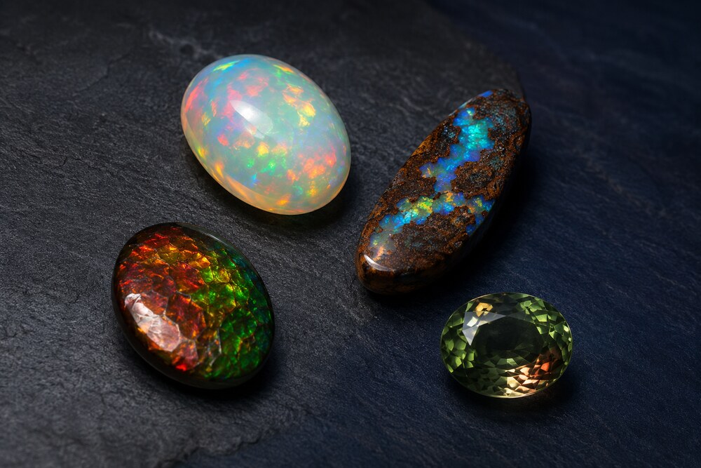 Welo-Opal, Boulder-Opal, Ammolit und Sultanit als symbolische Darstellung