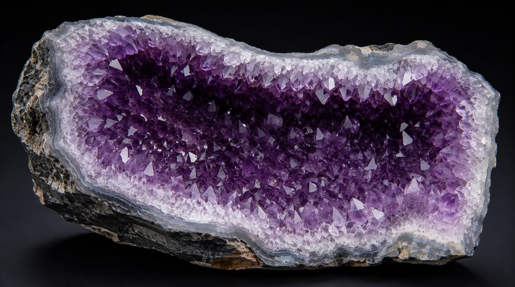 Amethyst-Kristallgruppe — tiefviolette Spitzen im natürlichen Muttergestein