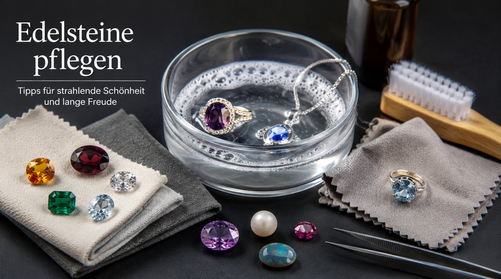Edelsteine reinigen — Schmuck in Wasserschale, Poliertücher und verschiedene Edelsteine