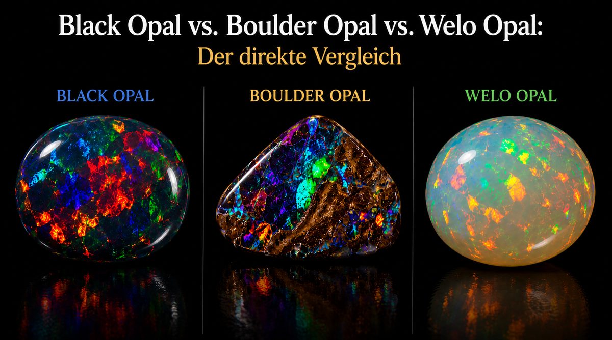 Black Opal, Boulder Opal und Welo Opal im direkten Vergleich