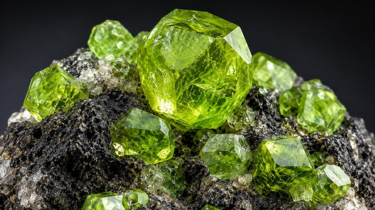Peridot-Kristalle auf Lavagestein — Geburtsstein August