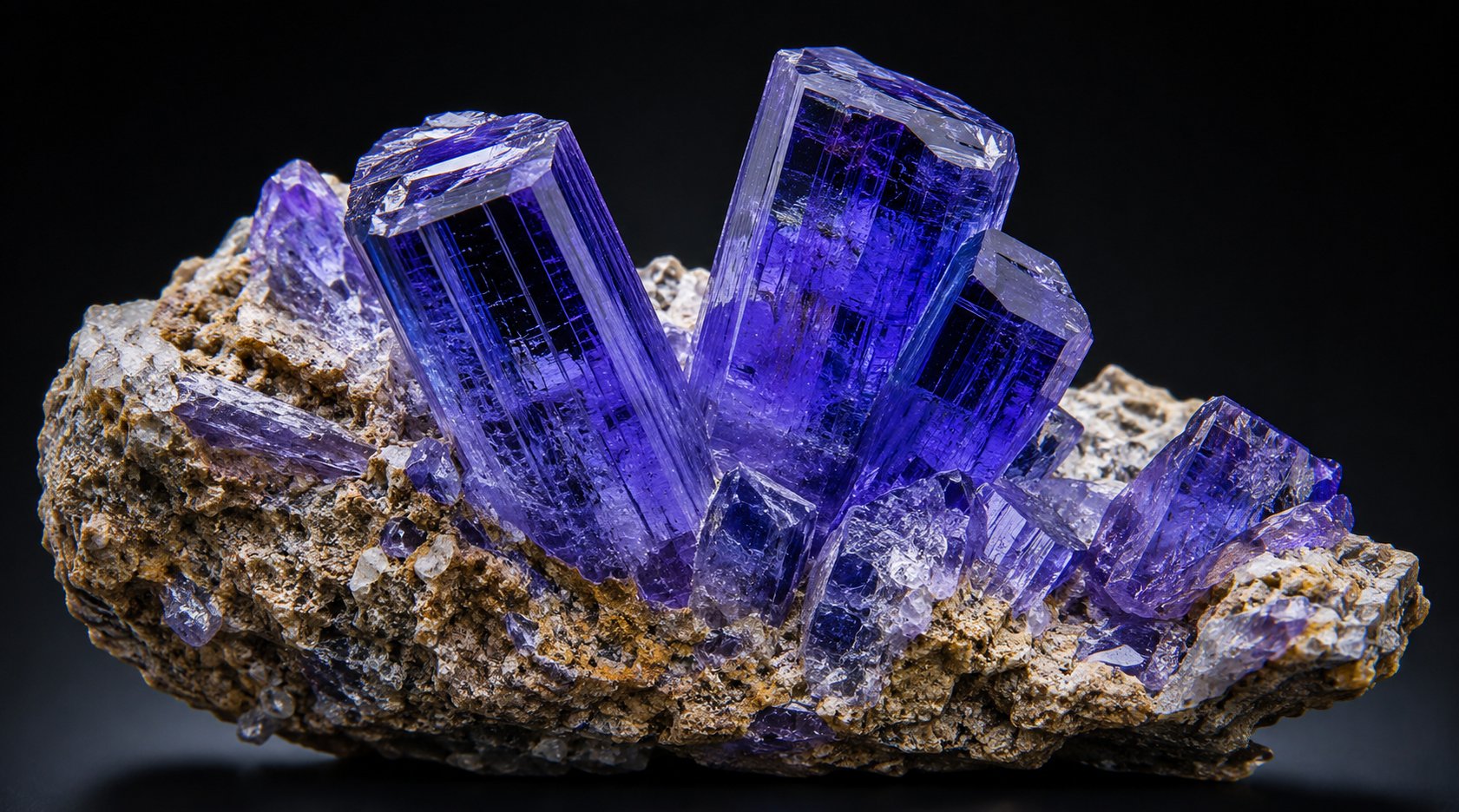Tansanit-Rohkristalle im Muttergestein — tiefblaues Violett aus Tansania