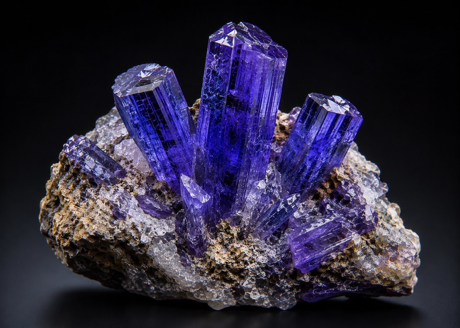 Tansanit-Kristallgruppe im Muttergestein — trichroitisches Blauviolett aus der Merelani-Mine