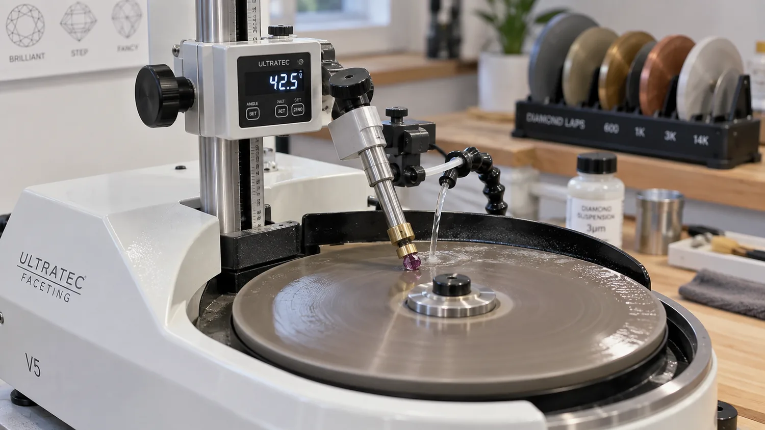 Facettiermaschine mit digitaler Winkelanzeige beim Schleifen eines Steins